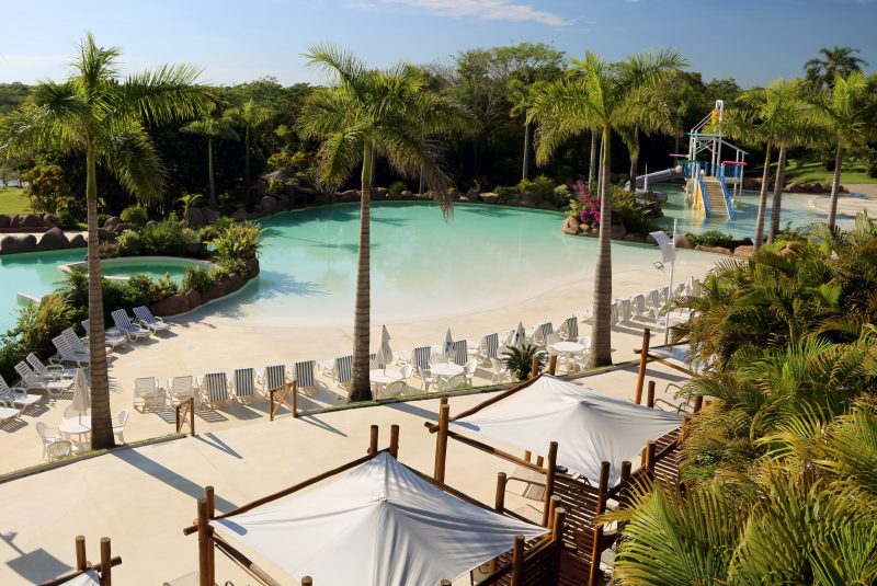 Aerial view of the pool and cabanas at the Mabu Thermas Grand Resort